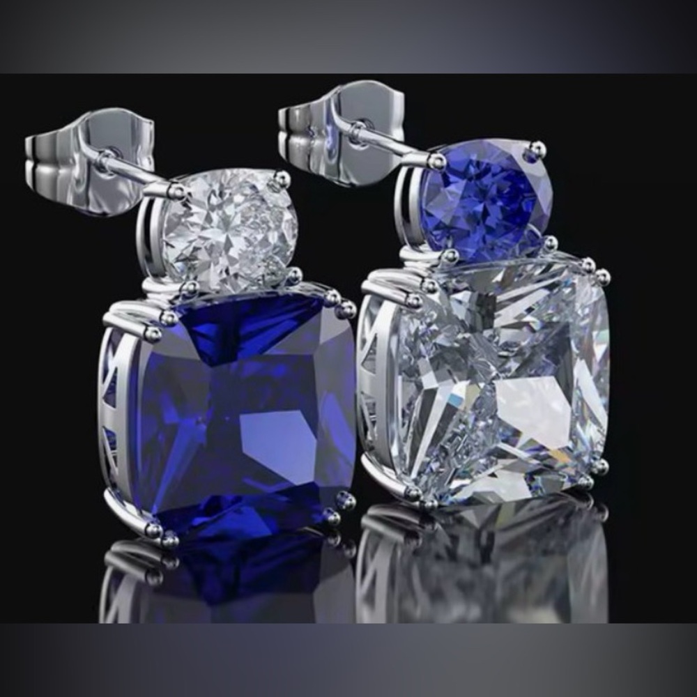 NEW CZ Sapphire and Diamond Asymmetric Stud Earrings - Picture 3 of 4